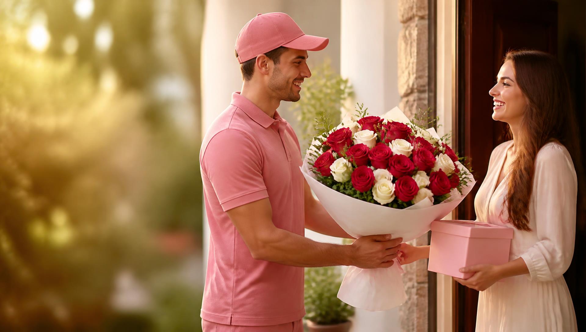 Entregador da Royal Floricultura entregando um buquê de rosas vermelhas e brancas e um presente para uma mulher